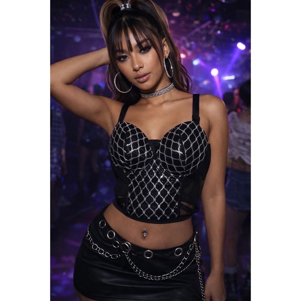 Y2K Inspired Crop Top Oppa Women's Black Corset Sequin Mesh 1X Goth Clubwear